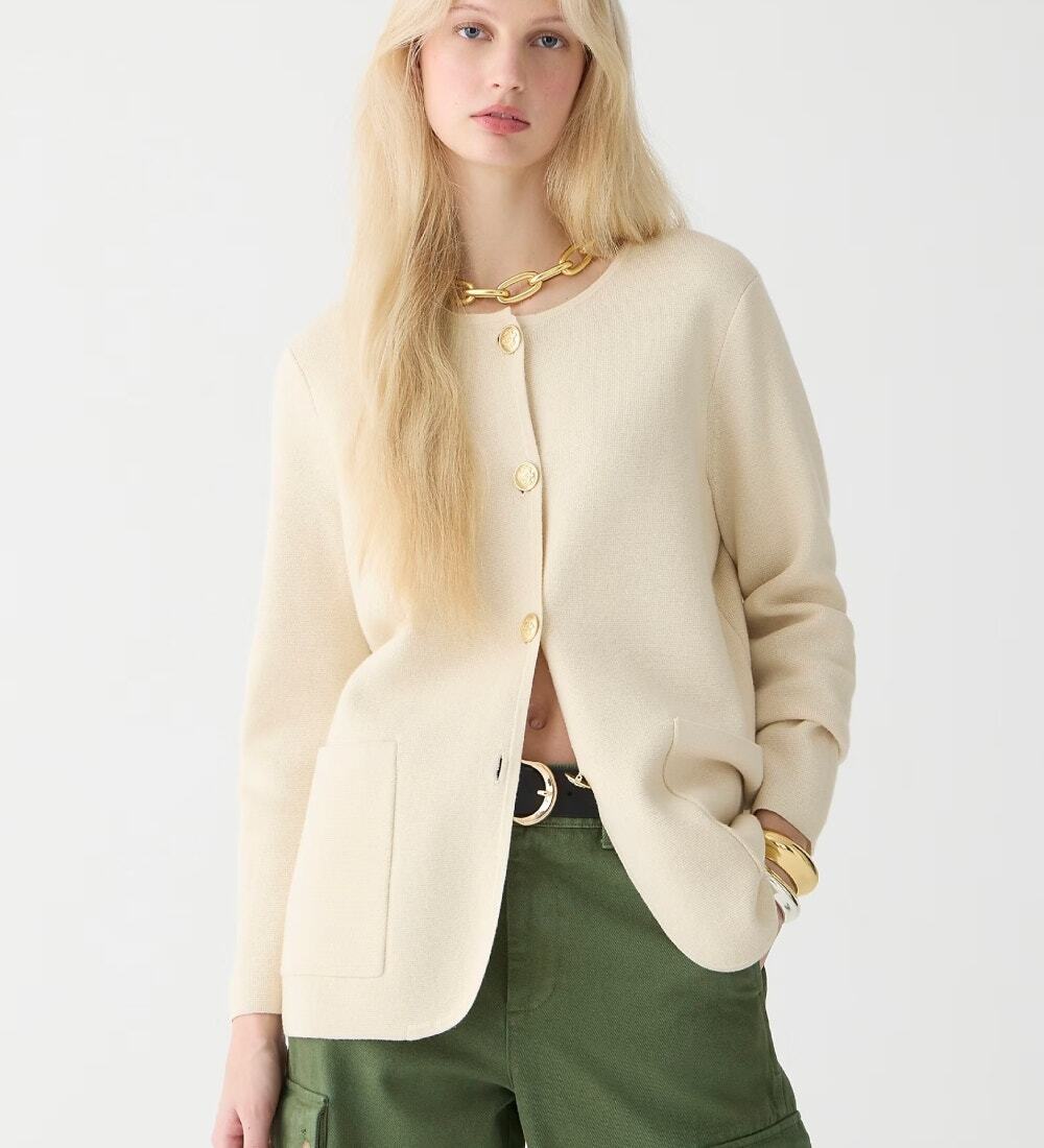 J. Crew Giselle Sweater-Blazer Ivory & Gold Buttons Merino Wool Cotton Sz L